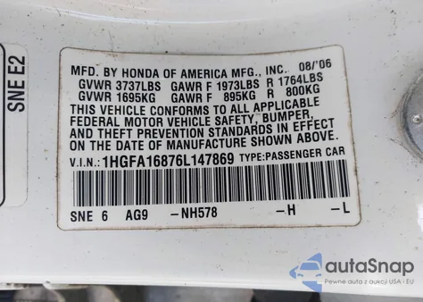 2006 Honda Civic Ex z USA, uszkodzony, nr VIN 1HGFA16876L147869